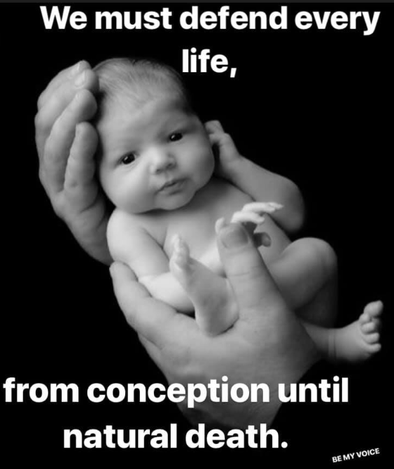 A newborn cradled in an adult’s hands, captioned “We must defend every life, from conception until natural death.”