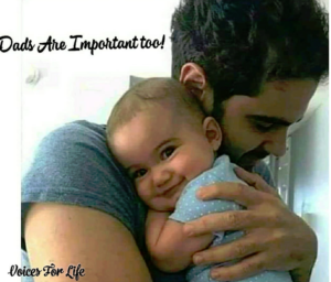 A father holding his smiling baby against his shoulder, captioned “Dads Are Important too!”