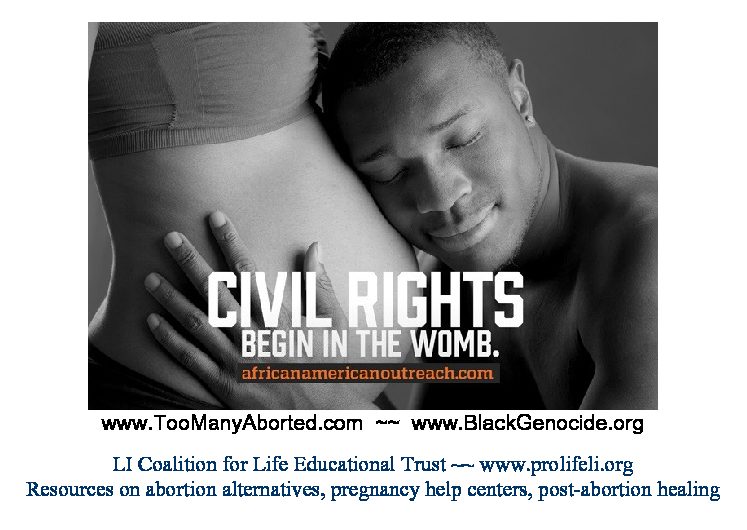 A postcard showing a man resting his head against a pregnant woman’s abdomen, captioned “Civil rights begin in the womb,” with web addresses for abortion alternatives and post-abortion healing.